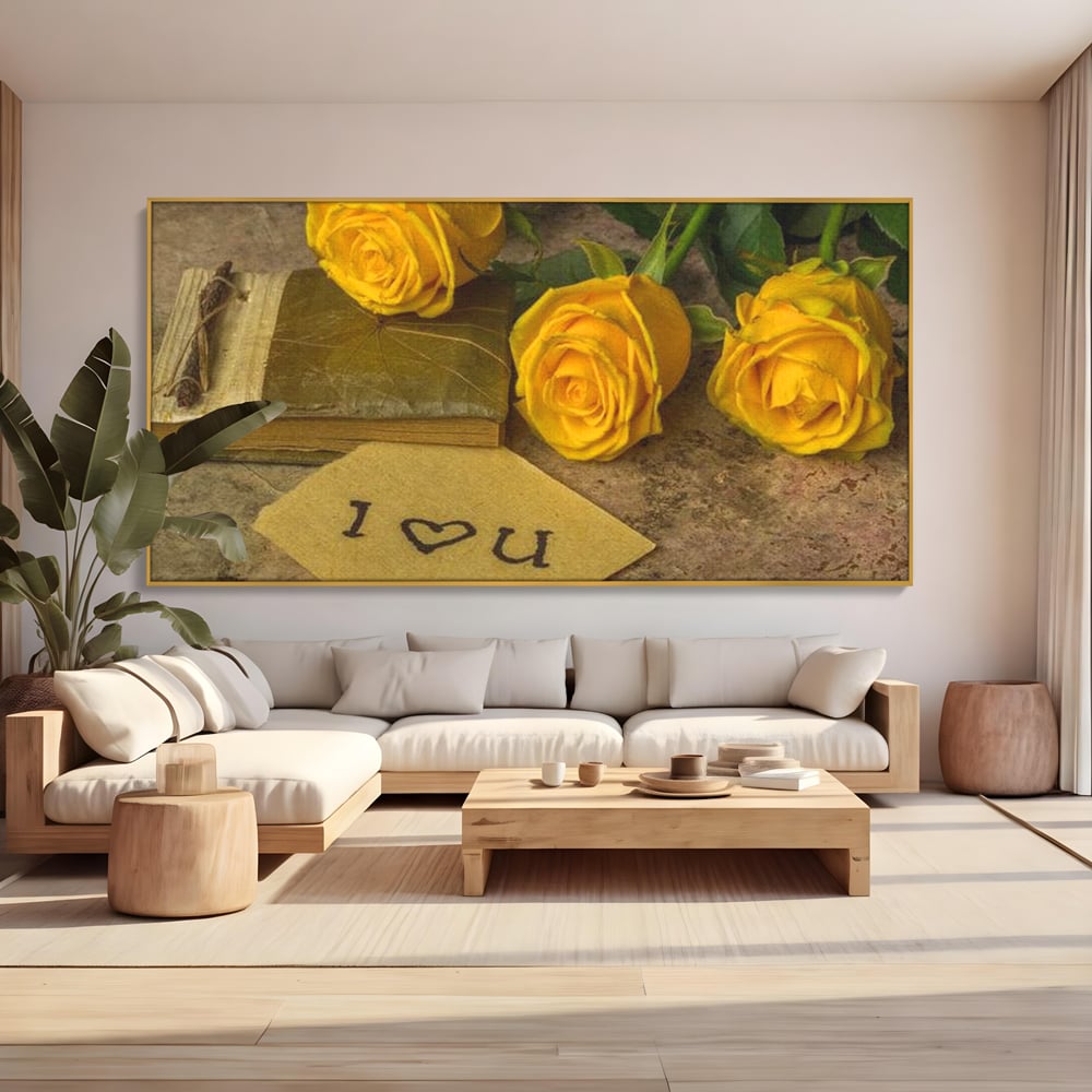 Tablou canvas cu tablou canvas cu trandafiri galbeni si jurnal, in rama de aluminiu auriu, pe perete intr-un living
